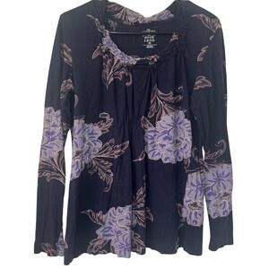 Vtg IZOD Cotton Purple Floral Print Long Sleeve Ruched Neck Top Blouse M Y2k